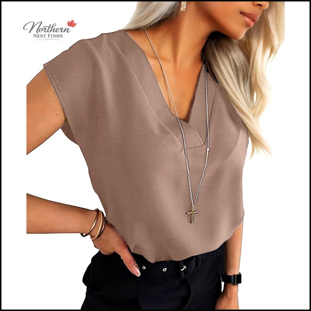 V Neck Blouse Cap Sleeve Shirt Casual Loose Work Office Top